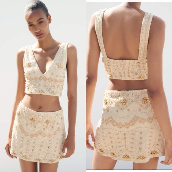 Zara embroidered shell mini skirt small beachy summer 7521/074 cream beige tan - Picture 3 of 15